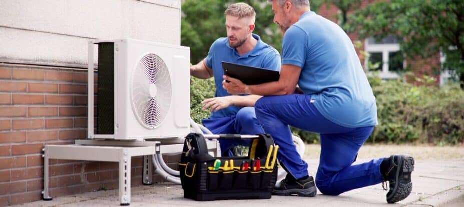 HVAC technicians working on a faulty unit in New Jersey